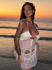 See Through Lace Hollow Out Sexy Two Piece Sets Women Halter Crop Tops And Mini Skirt Female Beach Club Skirt Sets