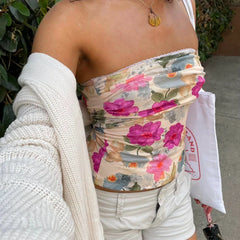 Floral Pattern Tube Top Bandeau y2K Coquette Folds Strapless Crop Top Fairy Sexy Backless Slim Fit Vest Women Boho Beach Clothes