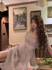 Korean Casual Midi Dress for Women New Summer Fashion Elegant Off The Shoulder Folds Ruffle Female Clothes Birthday Dress