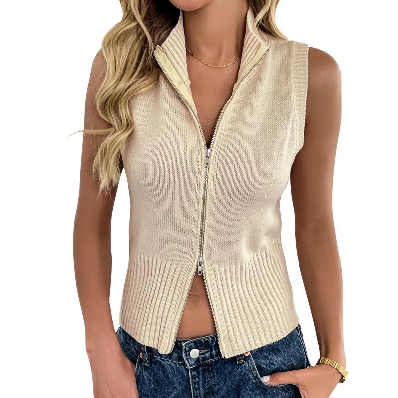 y2k Sweater Vest Women Fashion Clothes Solid Color Zipper Sleeveless Knitted Crop Top 2000s Clothing Basic Streetwear
