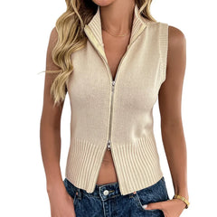 y2k Sweater Vest Women Fashion Clothes Solid Color Zipper Sleeveless Knitted Crop Top 2000s Clothing Basic Streetwear