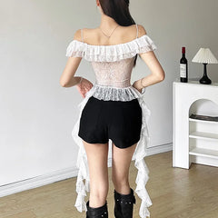 Y2k Aesthetic Lace Irregular Tops Vintage Harajuku Hollow Out Summer T-Shirt Streetwear Sexy See Through Shirt Fairy Bandage Tee