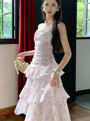 Women Summer Pink Floral Print Ruffles Holiday Dress French Party Birthday Slim Fit Party Dresses Fashion Vestido Midi Robe New