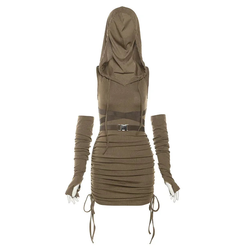 Vintage Summer Slim Waist Tunic Women Dresses Fashion Hooded Sleeveless Pleated Mini Dress Korean Sexy Y2k Vestido De Mujer