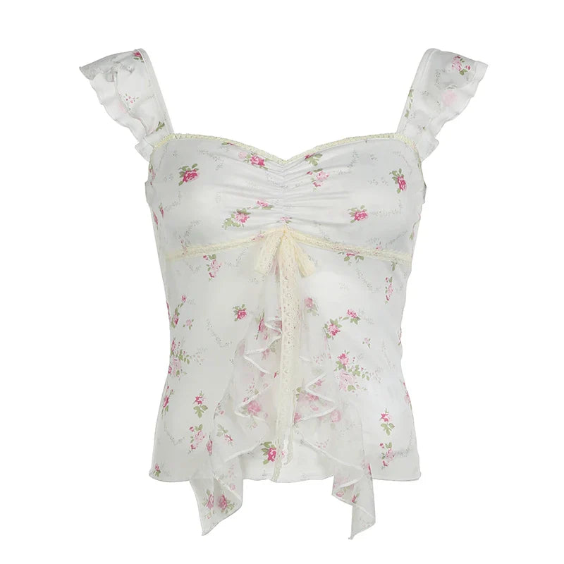 Floral Print Ruffles Prairie Chic Halter Tops Women Cute Sweet Bow Lace Up Causal Gentle Women Camisole Shirts