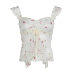 Floral Print Ruffles Prairie Chic Halter Tops Women Cute Sweet Bow Lace Up Causal Gentle Women Camisole Shirts