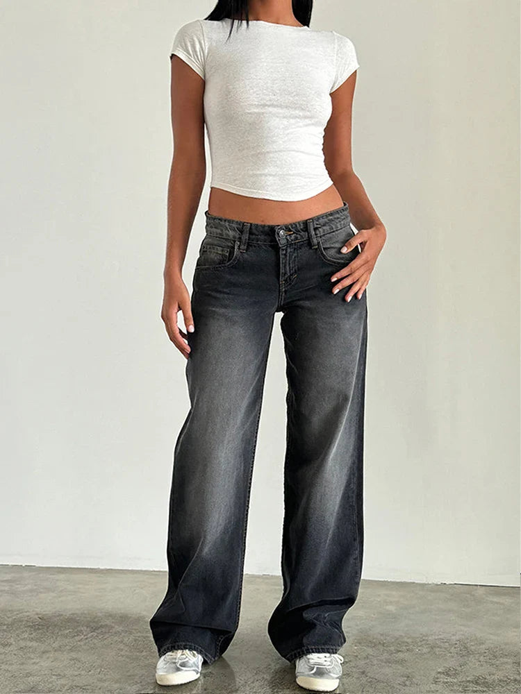 Straight-leg High Waist Jeans Women  New Leg Pockets Pants Y2k Long Denim Trousers Vintage Grey Washed Jeans