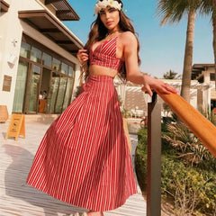 Stripe Bras And Pleat Skirt Sets Sexy Casual Boho Crop Top + Skirts Two Piece Set Vacation Woman Clothing 2025 New Summer Suit