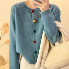 Japanese Sweet and Fresh Round Neck Colorful Button Knitwear Coat Academy Style Western Versatile Sweater Women's Cardigans