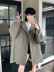 Korean Chic Elegant Jacket Women Loose Design Double Sided Wear Plaid Coat Fall Fashion Long Sleeve Sweet Pockets Outwear