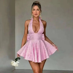 Jacquard Waist Wrap A-line Dress Women Mini 2024 Spring Summer Dress Elegant Bow Backless Sexy Party Dresses