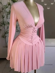 Women's Party Mini Dress 2025 Spring/summer Latest Casual Sexy Plunge Ruched Lantern Sleeve Button Daily A Line Short Skirt