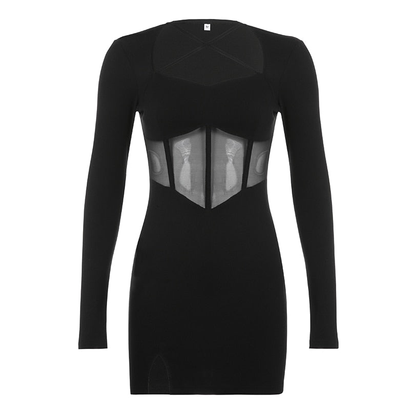 Square Neck Mesh Patchwork See-through Dress