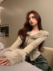 Sexy French Fashion New Fur Cardigan 2000s Aesthetic Casual Jacket Women's Harajuku Goth Retro Slim Fit Fur Splicing Jacket
