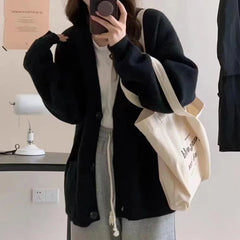 Slouchy Knit Cardigan Sweater for Women Long Sleeve V-neck Comfy Button Up Sweater Jacket Female Autumn Winter Casual Outfit