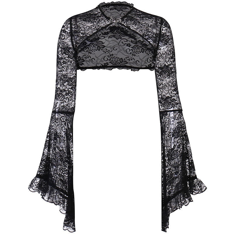 Lace Mall Gothic See Through Shrug Tops Grunge Aesthetic Black Flare Sleeve Crop Top Women Vintage Punk Sexy Clothing