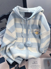 Cartoon Striped Hooded Cardigan Women Loose Cute Long Sleeve Sweet Knitted Sweater Preppy Style Female Kawaii Vintage Tops