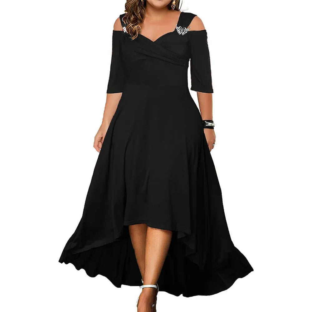 L-5XL Summer Fashion Elegant Long Dress Plus Size Women Clothing Solid Halter Short Sleeve Irregular Casual Dress
