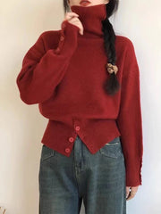 Turtleneck Sweater with Buttons Decor Funnel Neck Pullovers Grey Jumper for Women Ladies Cosy Autumn Winter Casual Outfit