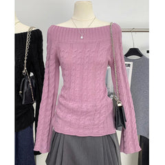 Off Shoulder Sweater Women Pullovers Long Sleeve Cable Knit Off-the-Shoulder Jumper Teen-girl Autumn Winter Y2K 90s Outfit