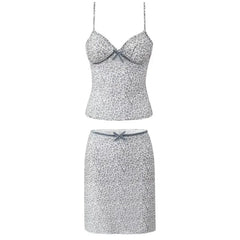 Leopard Print Bow Sexy Crop Top And Short Skirt Fashion Summer Outfits 2025 New Velvet Pathwork Camisole +skirt Two Piece Set