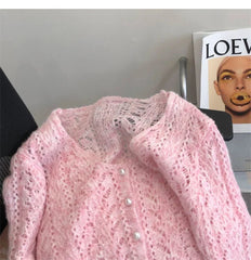 Women Knitted Cardigan Sweater Jacket Fashion Spring Autumn 2024 New Versatile Leisure Thin Style Hollowing Out Ladies Top Coat