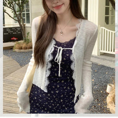 Lace Trim Tie Up Knit Top for Women Sheer Knitted Crop Cardigan Long Sleeve Open Jacket Teen-girl Y2K Sweetgirl Cute Outfit