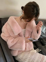 Winter Sweet Faux Lamb Coat Women Elegant Long Sleeve Slim Retro Jacket Warm Soft Female Korean Single Breasted Vintage Top