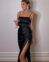 Solid Black Elegant Maxi Dress Women Fashion Sexy High Side Slit Drawstring Lady Long Prom Dresses Party High Streetwear