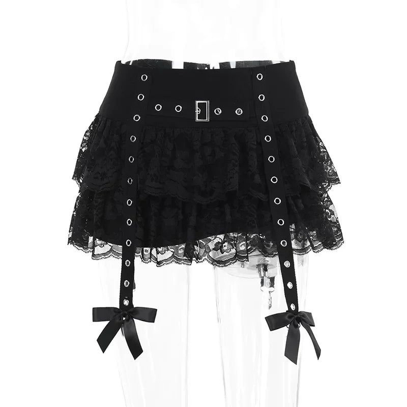 Lace Layered Mini Skirts Y2K Aesthetic Sexy Eyelet Short Shirt Women Summer New Fashion Gothic Skirt Streetwear