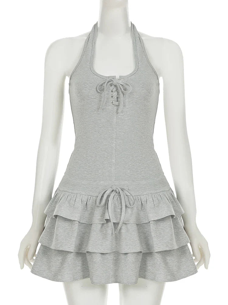 Frill Mini Dress For Women Plunge Halter Neck Cake Dress Fashion Summer Slim Casual Club Party Dress Hit Girl Summer New