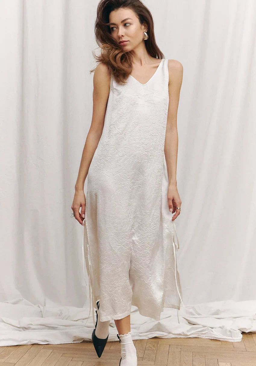 2025 New Bandage Sleeveless Satin Long Dress Solid Color Simple Casual Loose White Pajamas Summer Homewear Sleepwear Dresses