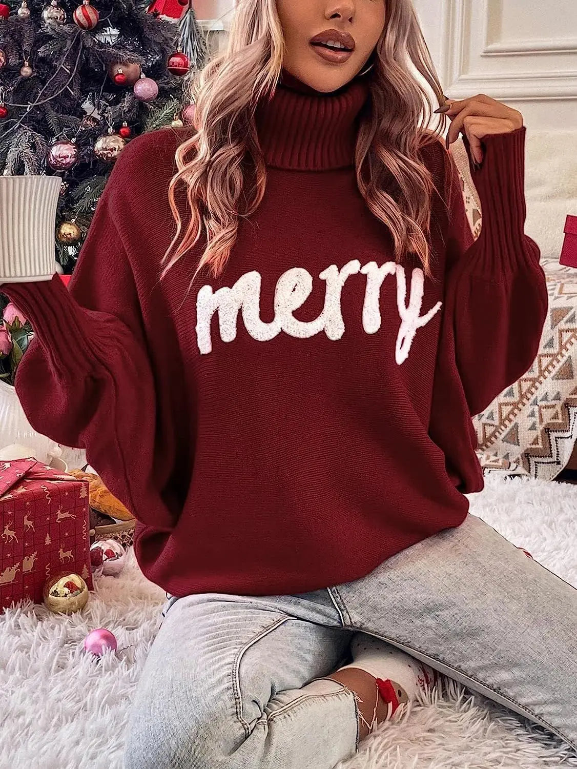 Pbong  Christmas Fashion Autumn Winter Knit Sweaters Turtleneck Sweater Women Elegant Merry Letter Print Long Sleeve Pullovers Female