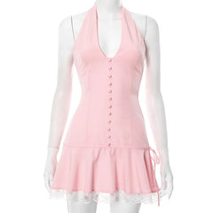 Halter Backless Sexy Mini Dress Women Robe Summer New Lace Patchwork Sleeveless V Neck High Waist Ruffled Dress