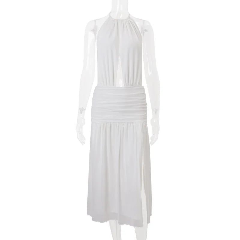 Hollow Out Backless Sexy Maxi Dress Women Gown Summer Off-shoulder Sleeveless Thigh High Split Pleated Long Dress