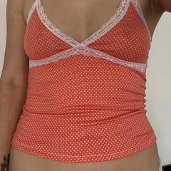 Women's Orange Vest Polka Dot Lace Trim Spaghetti Strap Camis Fairy Coquette V Neck Sleeveless Shirt Y2k 00s Cute Crop Tops