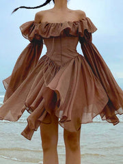 Brown Pleated Off Shoulder Ruffles Patchwork Sundress