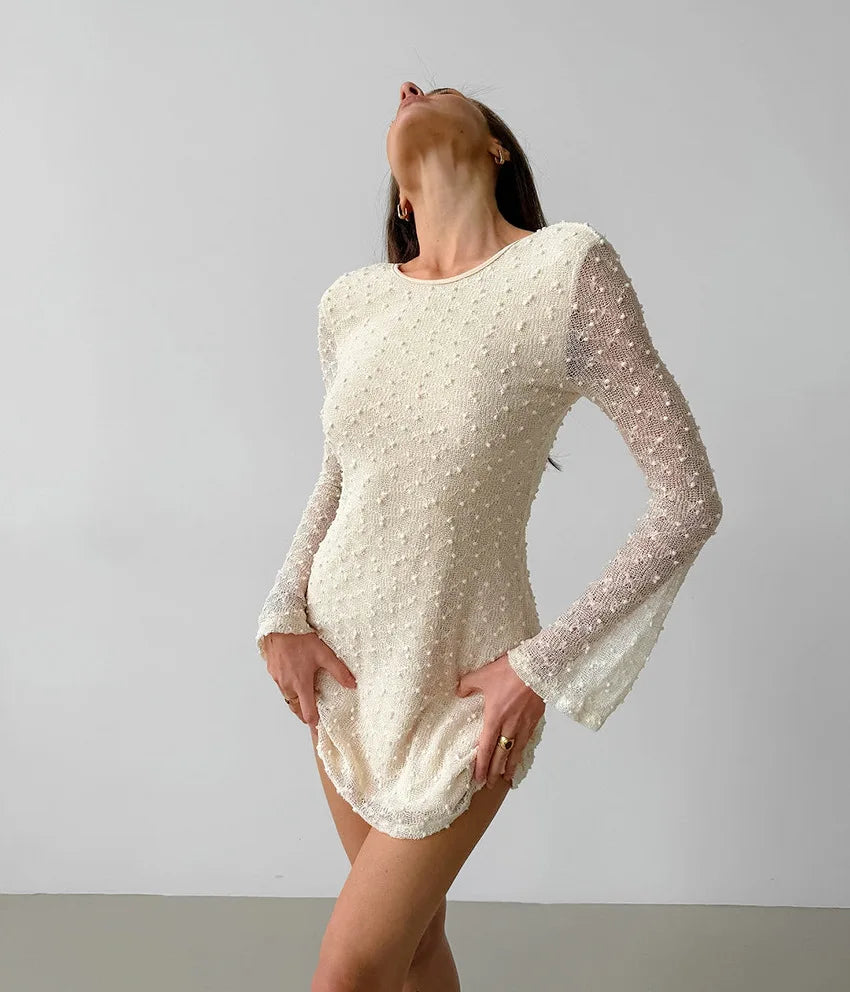 Apricot Sexy Slim Fit Round Neck Lace Up Jacquard Short Dress Fashion Chic Flare Sleeve Backless Sexy Women Dress 2025 New