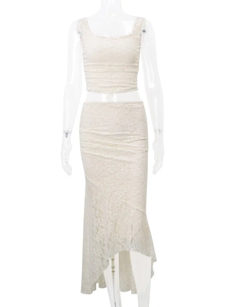 Lace Sexy Two Piece Skirt Set Women Sleeveless Crop Tops And Skirt Femme Elegant Party Two Piece Sets Fashion
