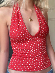 Fashion Y2k Sweet Halter Women Tanks Skinny Sleeveless Print Hotsweet V-Neck Backless Blouses