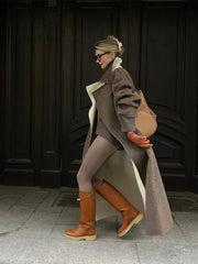 Chic Lapel Long Sleeve Patchwork loose Woolen Coat Women Casual Button With Pocket Long Overcoats Autumn New Lady Outerwear