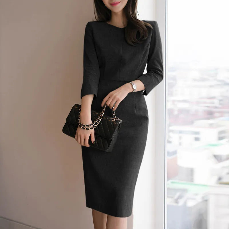 Autumn Women V Neck 3/4 Sleeve Bodycorn Dress Fashion Casual Solid Knee-length Vestido Robe Femme Elegant Work Sundress