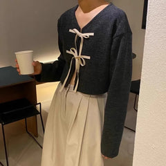 Pbong  Butterfly Knot Short Knitted Sweater Jacket New Design Loose Fit V-Neck Long Sleeve Urban Style Commute Suitable for W...