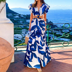 Women Maxi Dress Summer Sexy Fashion Leaky Waist V Neck Backless Butterfly Short Sleeve Print Long Skirt Dresses