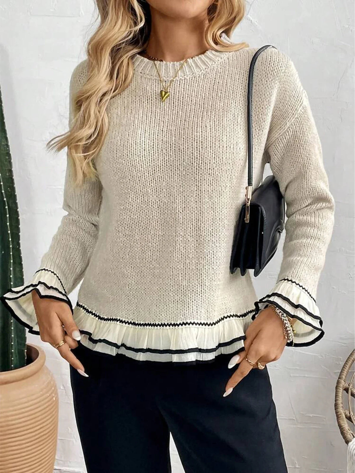 2025 New Women's Lace Round Neck Long Sleeve Autumn/Winter Knitted Sweater