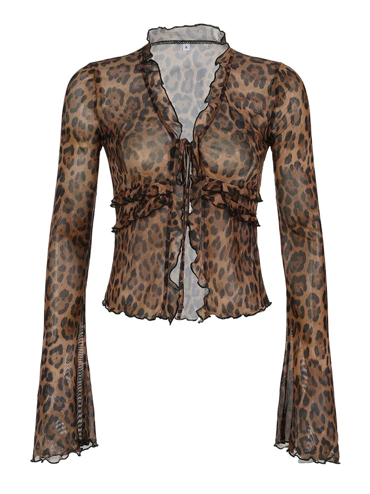 Leopard Print Lace-Up Blouse Shirts Women Semi-Sheer Mesh Elegant Fashion Sexy Flared Sleeve Ruffled Cardigan Tops