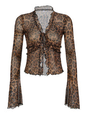 Leopard Print Lace-Up Blouse Shirts Women Semi-Sheer Mesh Elegant Fashion Sexy Flared Sleeve Ruffled Cardigan Tops