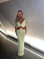 Women Elegant Strapless Hollow Waist Maxi Dress Fashion Backless Pleated Bodycon Long Robes New Sexy Party Clubwear
