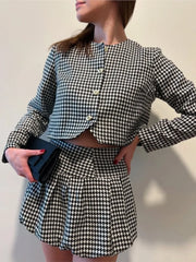 2025 New Spring Houndstooth Tweed Short Coat And Pleated Skirt Women Sets Single Breasted Retro Jacket + High Waist Skirt Suit