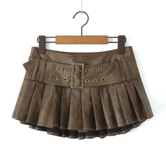Korean Fashion Faux Leather Skirts For Woman Mini Skirts Low Waist Summer Vintage PU Leather Pleated Skirt With Belt Brown